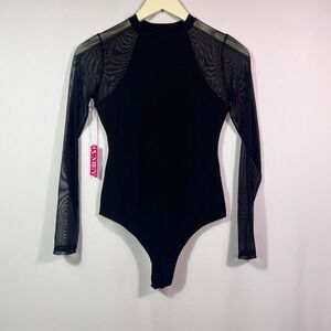 PUMIEY Womens XS Black Mock Neck Mesh Long Sleeve Bodysuit Sheer Raglan Top